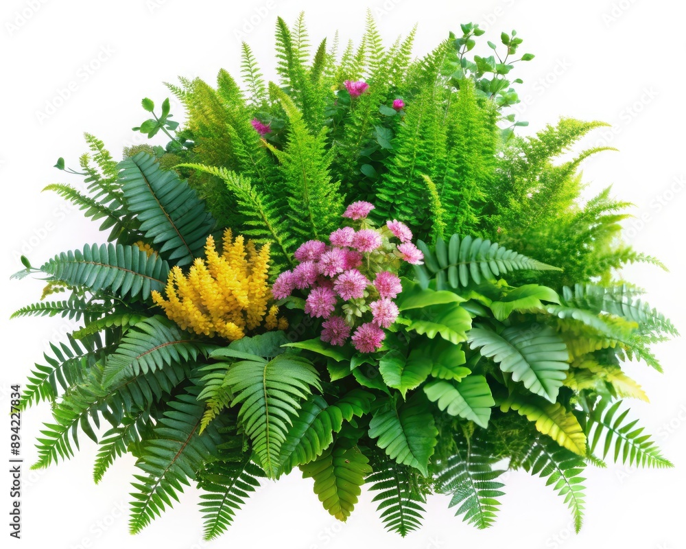 Vibrant green shrubbery with delicate ferns and lush leaves isolated on transparent background, accented with tiny colorful flowers in shades of pink, yellow, and purple. Vibrant green shrubbery with delicate ferns and lush leaves isolated on transparent background, accented with tiny colorful flowers in shades of pink, yellow, and purple.
