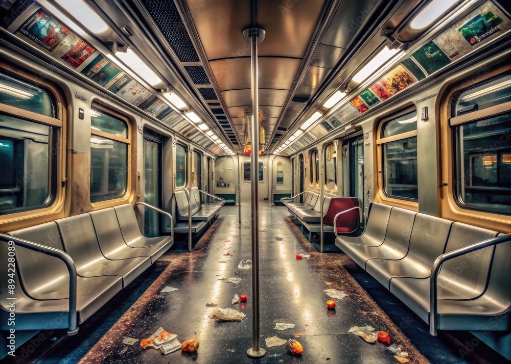 Empty subway car with dim lighting and scattered trash, conveying a sense of loneliness, isolation, and despair, evoking feelings of exhaustion and melancholy. Empty subway car with dim lighting and scattered trash, conveying a sense of loneliness, isolation, and despair, evoking feelings of exhaustion and melancholy.