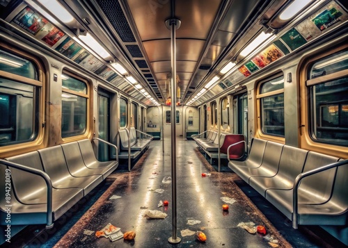 Empty subway car with dim lighting and scattered trash, conveying a sense of loneliness, isolation, and despair, evoking feelings of exhaustion and melancholy.