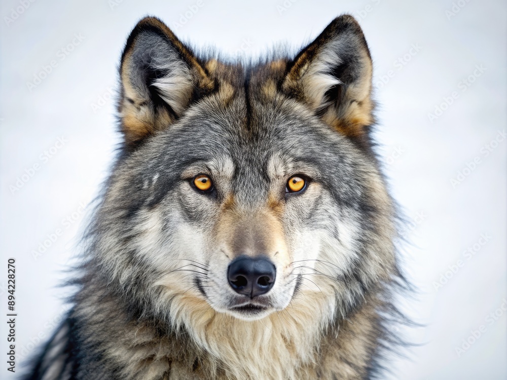 Fototapeta premium Majestic wild wolf with piercing yellow eyes and thick gray fur stands against a clean white background, surrounded by subtle hints of wild nature elements.