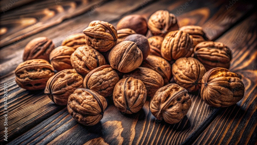 Rich brown whole walnuts scattered across a rustic wooden table, contrasting with a dark background, evoking a sense of autumnal warmth and earthy simplicity. Rich brown whole walnuts scattered across a rustic wooden table, contrasting with a dark background, evoking a sense of autumnal warmth and earthy simplicity.