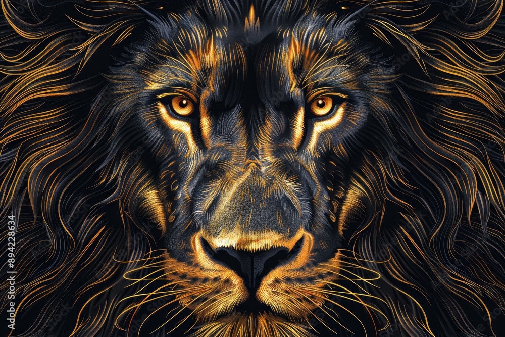 Fototapeta premium A majestic lion stares intently with glowing golden eyes and a mane of swirling black and gold