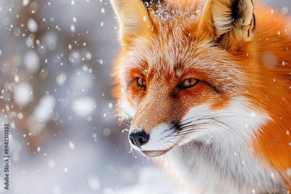 Obraz premium A close-up of a red fox hunting in a snowy field, its bright fur contrasting with the white surroundings.