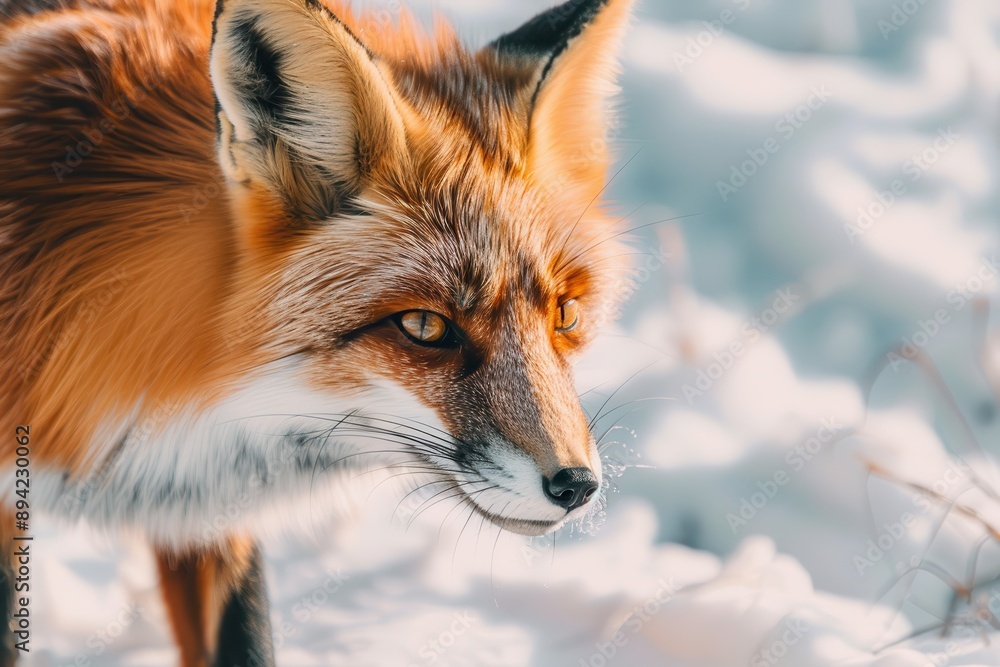 Fototapeta premium A close-up of a red fox hunting in a snowy field, its bright fur contrasting with the white surroundings.