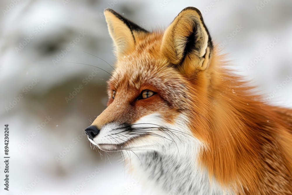 Fototapeta premium A close-up of a red fox hunting in a snowy field, its bright fur contrasting with the white surroundings.