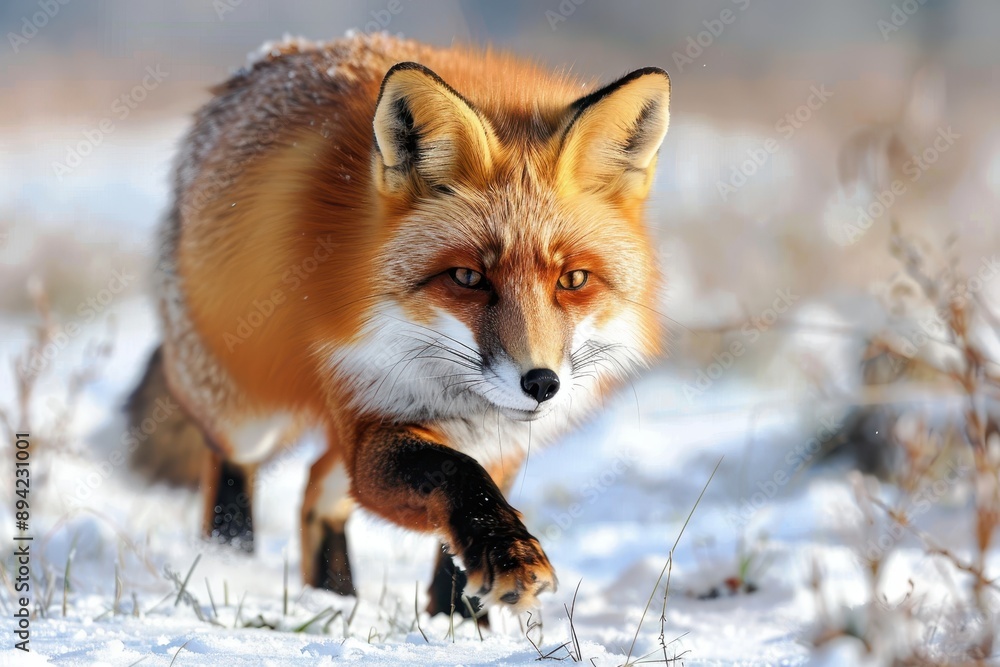 Obraz premium A close-up of a red fox hunting in a snowy field, its bright fur contrasting with the white surroundings. 