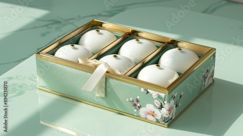 Elegant tea box set with individual compartments, adorned with floral patterns and a satin ribbon. , Minimalism,