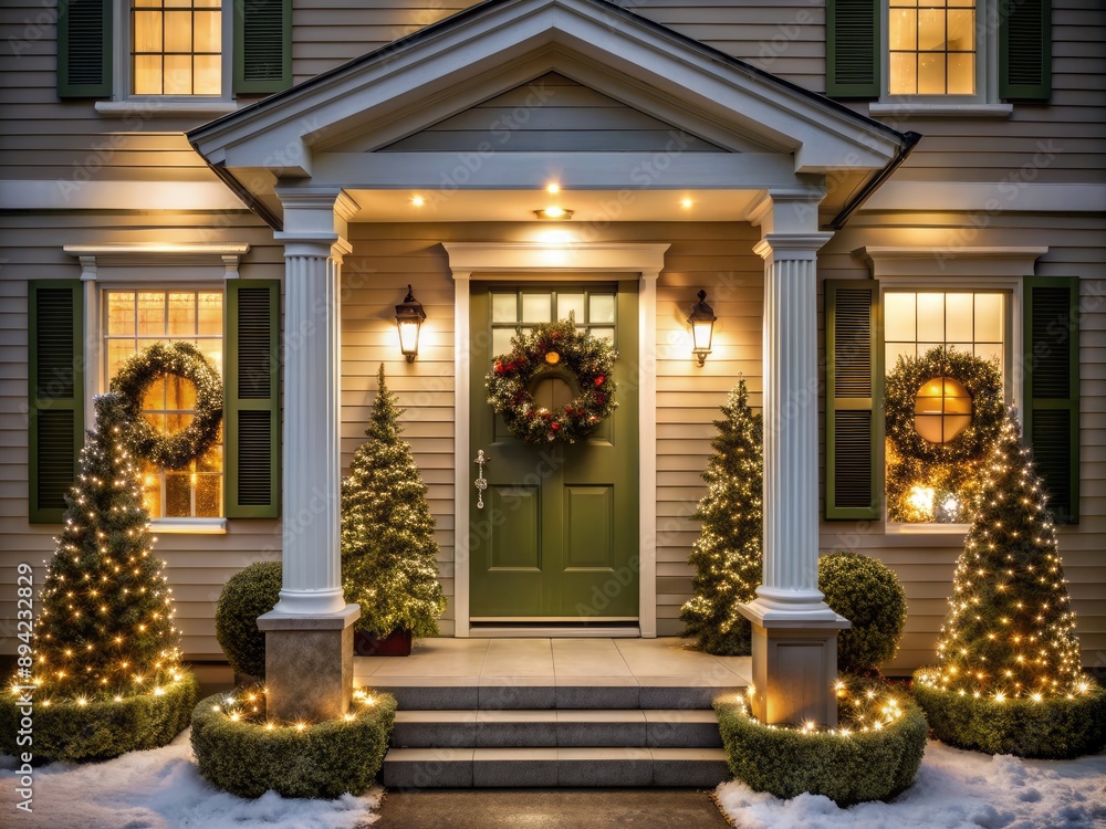 Olive green front door and porch of classic suburban house facade exterior with white walls, festive Christmas trees and wreath aglow at romantic nighttime. Olive green front door and porch of classic suburban house facade exterior with white walls, festive Christmas trees and wreath aglow at romantic nighttime.