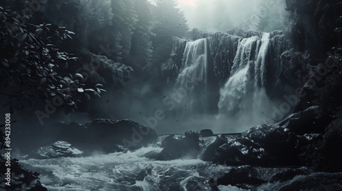 photo of river waterfall landscape with black and white tone color © Nu Ai generated imag
