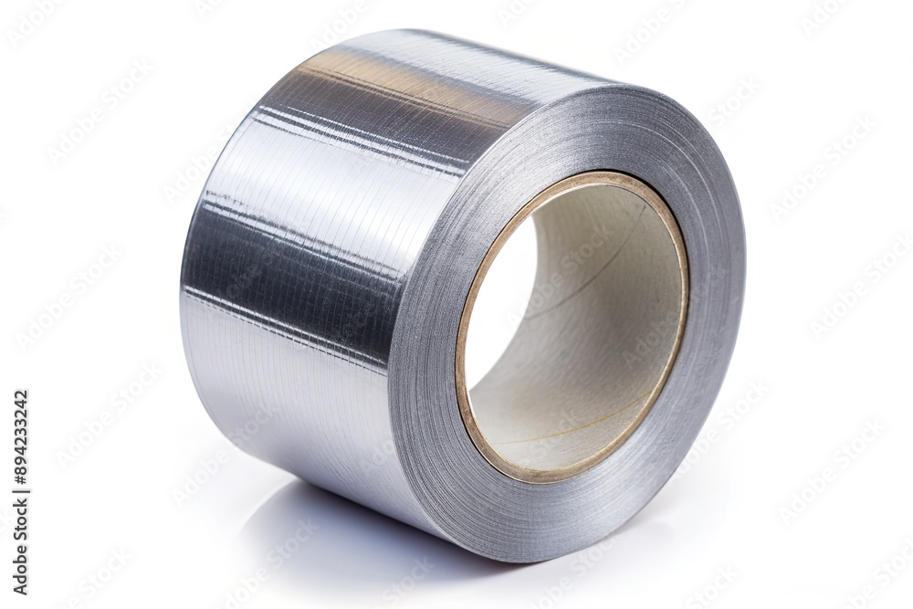 Roll of metallic silver duct tape unwound, lying flat on a transparent background, showcasing its shiny adhesive surface and rugged texture in high detail. Roll of metallic silver duct tape unwound, lying flat on a transparent background, showcasing its shiny adhesive surface and rugged texture in high detail.