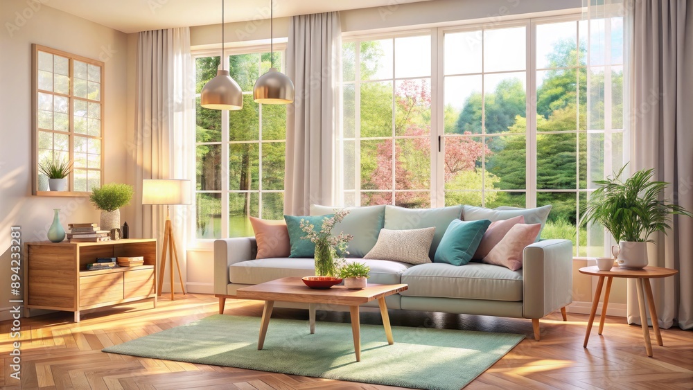 Serene atmosphere of a cozy home: calm, empty room with natural light pouring through the window, comfortable furniture, and soft pastel colors evoking relaxation. Serene atmosphere of a cozy home: calm, empty room with natural light pouring through the window, comfortable furniture, and soft pastel colors evoking relaxation.