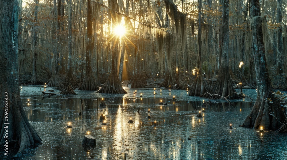 Obraz premium Enchanting Aerial View of Glowing Mystical Swamp in High Fidelity Detail