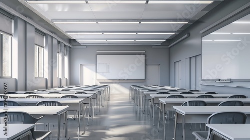 A modern classroom has organized desks, vibrant posters, and a large whiteboard for interactive learning.