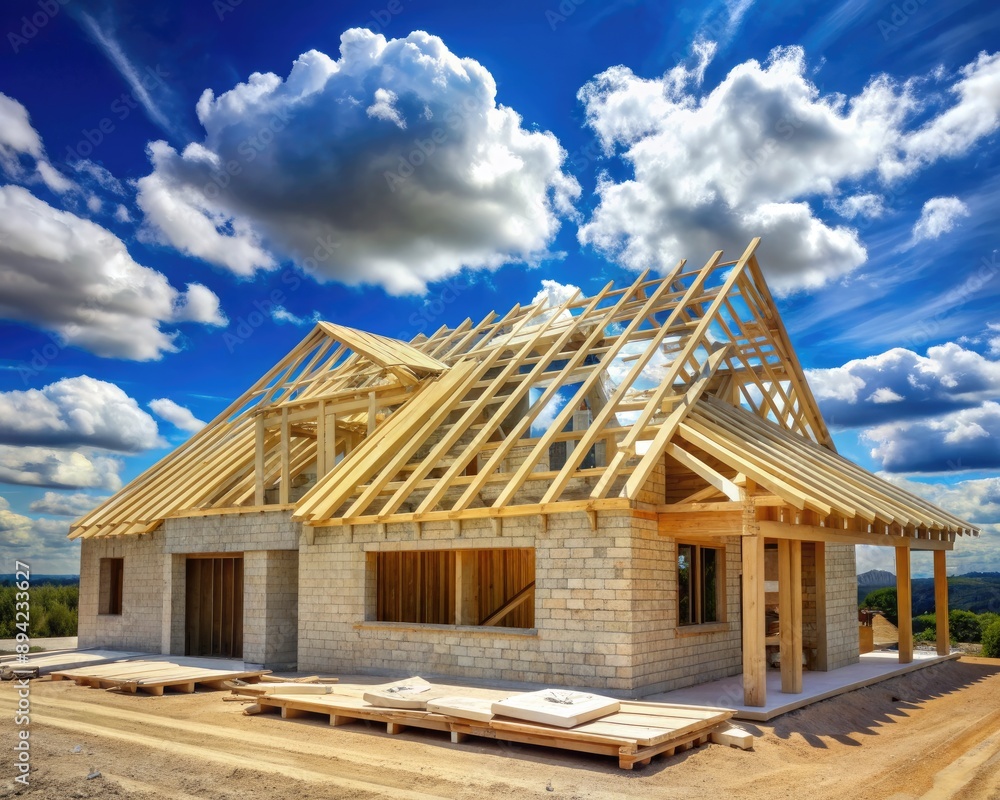 Fototapeta premium Newly built residential house with wooden roof framework exposed, awaiting installation of roofing materials, set against a vast empty blue sky with few scattered clouds.