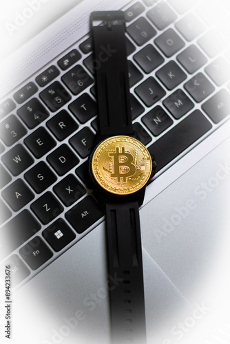 black bitcoin watch on a laptop keyboard