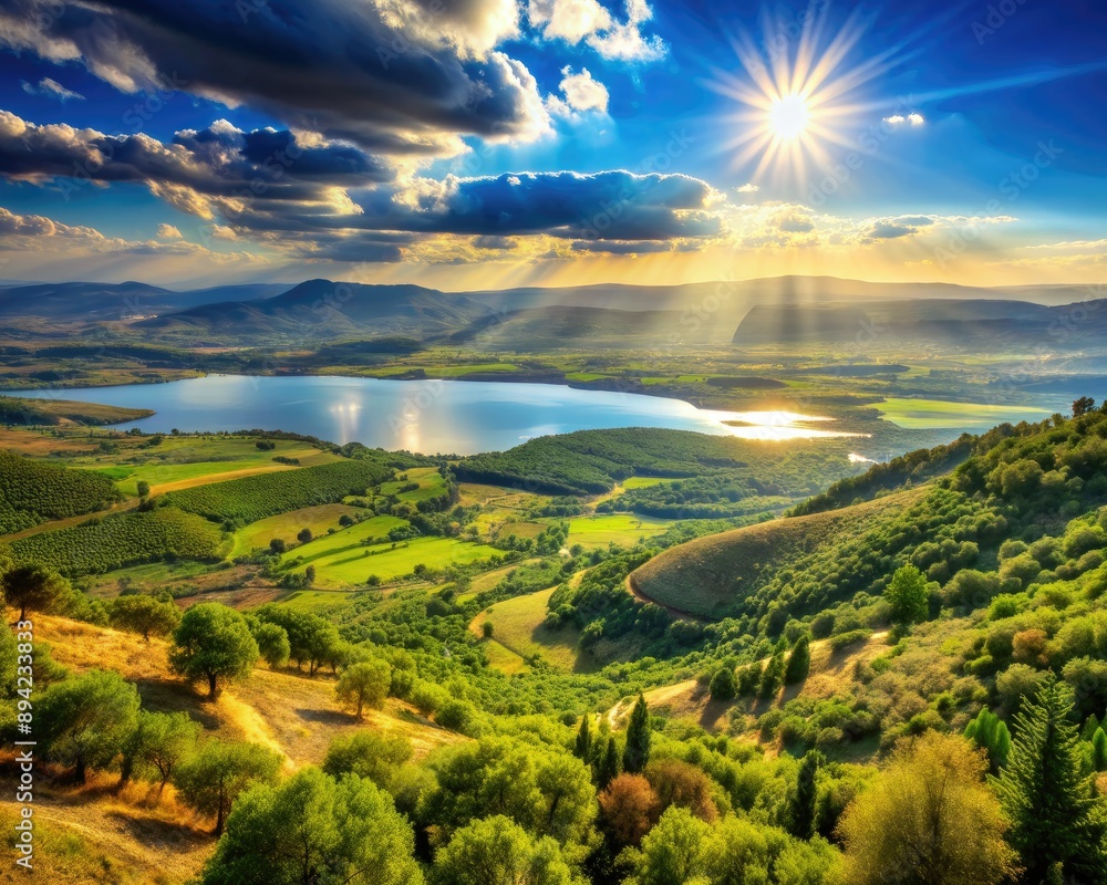 Naklejka premium Sun-kissed landscape of rolling hills, verdant valleys, and sparkling waters, evoking a sense of promised land abundance, as seen from Nebo's majestic vantage point.