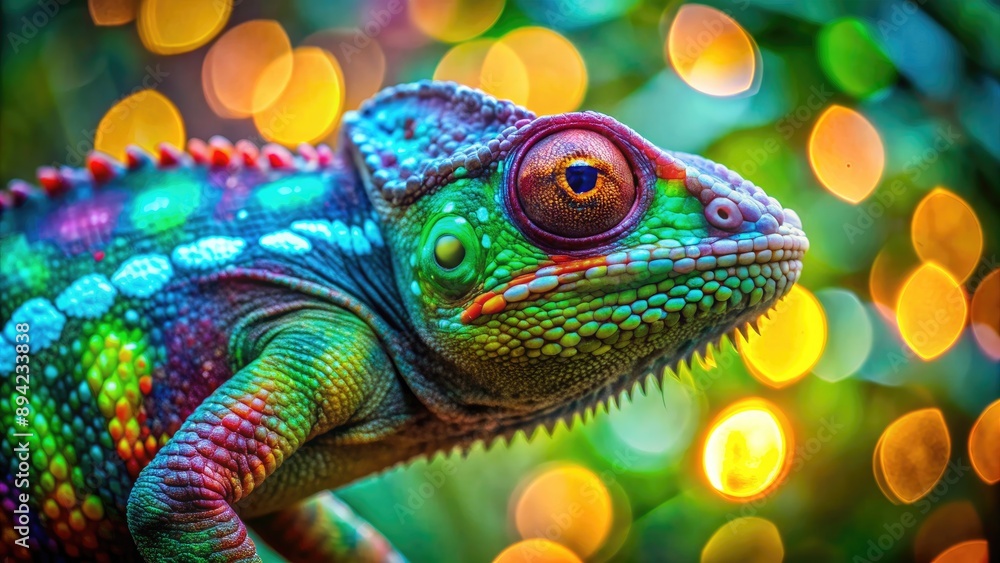 Fototapeta premium Vibrant green panther chameleon lizard on a tree, stunning extreme close-up with cinematic bokeh, showcasing psychedelic multicolor scales in a mesmerizing animal artwork.