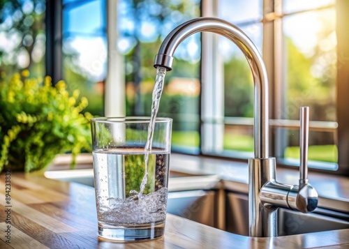 Fresh clean drinking water flows from a modern kitchen faucet into a clear glass cup, filling it to the brim with crystal clear hydrating liquid refreshment.