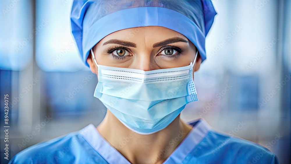 Dedicated female surgeon in blue scrubs, medical mask, and head cap, with intense focused expression visible in her eyes, conveying healthcare professionalism and expertise. Dedicated female surgeon in blue scrubs, medical mask, and head cap, with intense focused expression visible in her eyes, conveying healthcare professionalism and expertise.