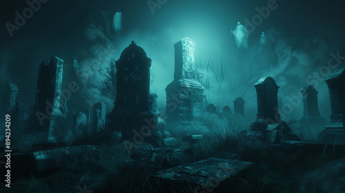 An eerie graveyard filled with ancient tombstones, shrouded in darkness. Spooky ghosts float ominously through the night air.