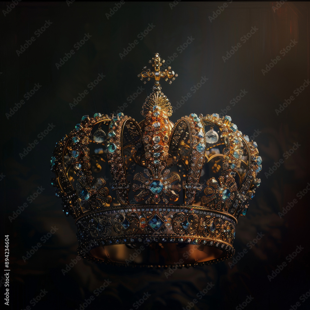 An exquisite, regal crown gleams against a backdrop of darkness. An exquisite, regal crown gleams against a backdrop of darkness.