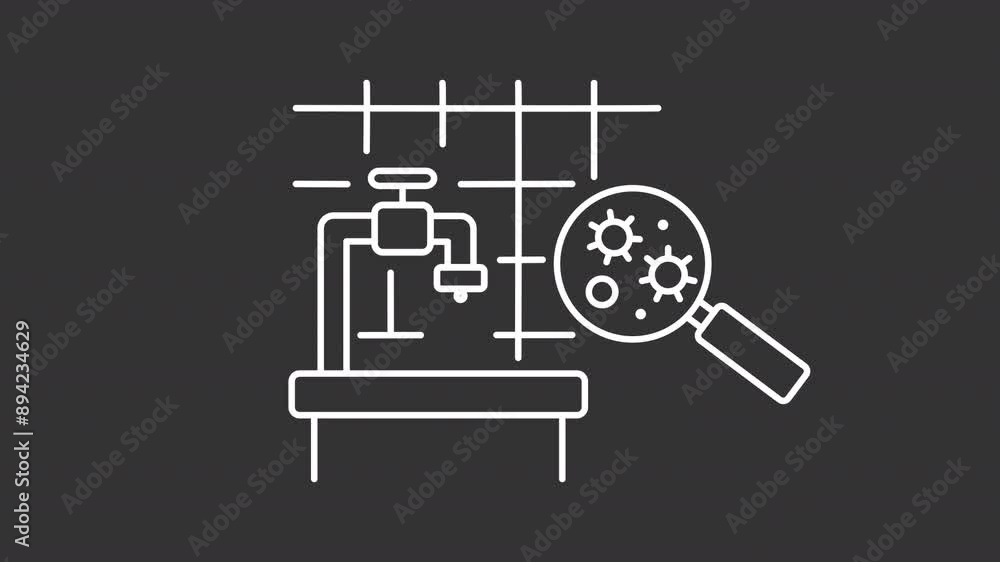 Bath mold white line animation. Animated bathroom faucet and microorganism icon. Moldy home. Hygiene. Isolated illustration on dark background. Transition alpha video. Motion graphic Bath mold white line animation. Animated bathroom faucet and microorganism icon. Moldy home. Hygiene. Isolated illustration on dark background. Transition alpha video. Motion graphic