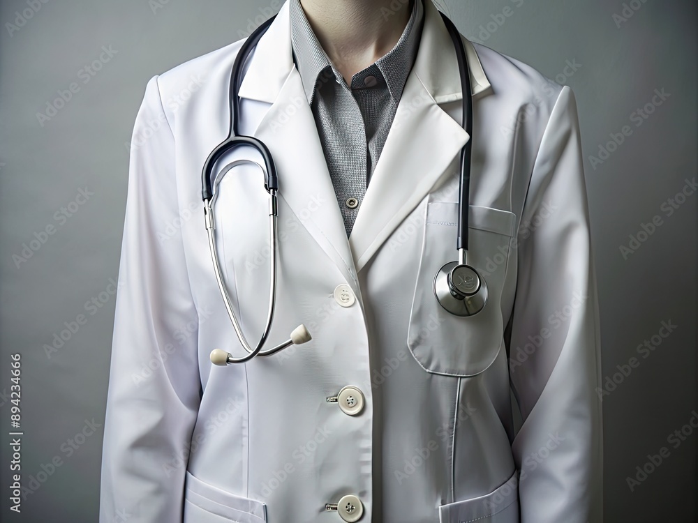 A crisp white coat drapes elegantly on a vacant background, a stethoscope hangs neatly around the neck, symbolizing a dedicated young female doctor's professional presence. A crisp white coat drapes elegantly on a vacant background, a stethoscope hangs neatly around the neck, symbolizing a dedicated young female doctor's professional presence.