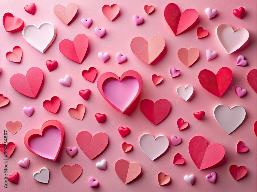 Stylish pink and red hearts composition on pink paper background, featuring modern cute valentine hearts cutouts, creating a creative love background for Valentine's Day celebrations.