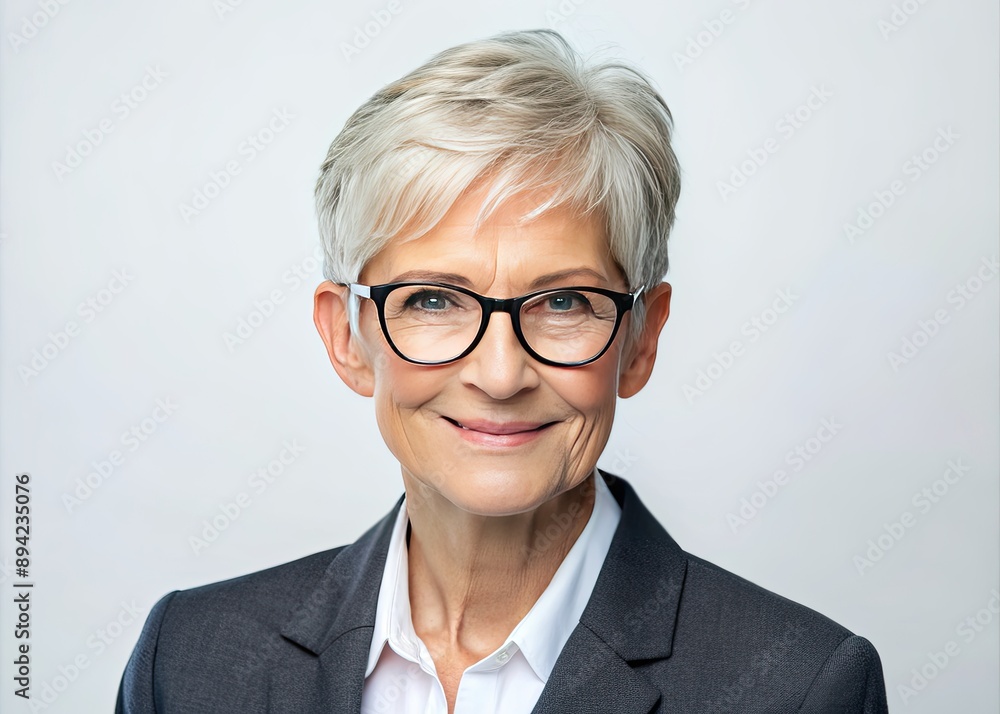 Confident entrepreneur in her 60s, with short grey hair and glasses, looks directly at camera with a professional and friendly expression on white background. Confident entrepreneur in her 60s, with short grey hair and glasses, looks directly at camera with a professional and friendly expression on white background.