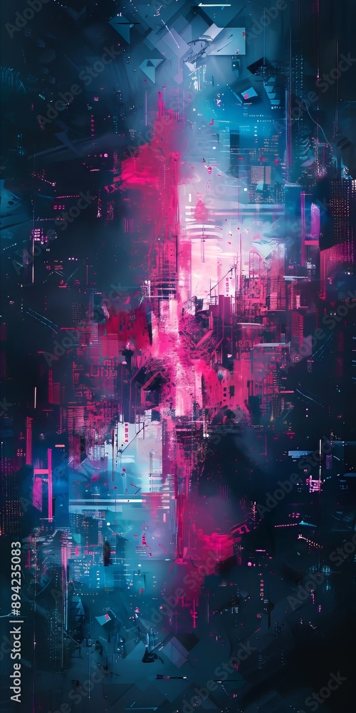 A digital abstract painting featuring vibrant pink and blue hues and geometric shapes A digital abstract painting featuring vibrant pink and blue hues and geometric shapes