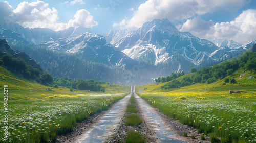 Serene road through peaceful mountain meadows. © Ai Maestro