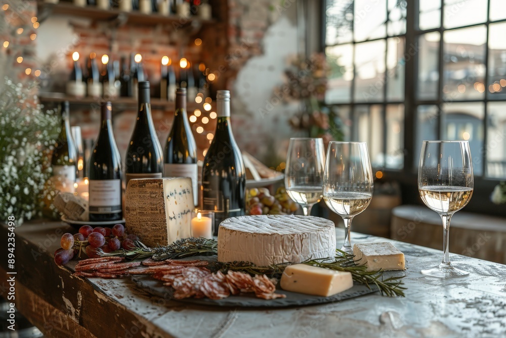 Cheese wheel and wine glasses set for a tasting. Cheese wheel and wine glasses set for a tasting.