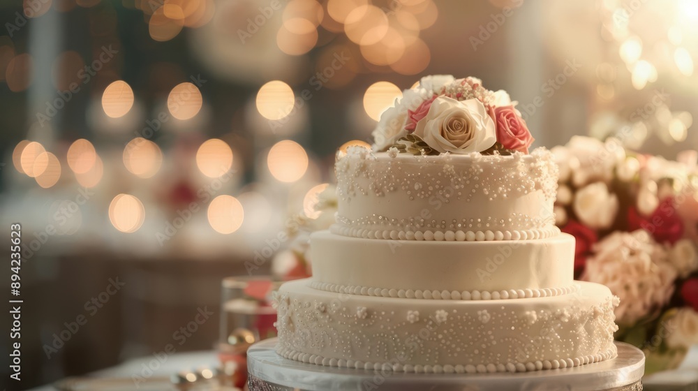 Fototapeta premium Elegant white wedding cake with floral topper and candlelight background.