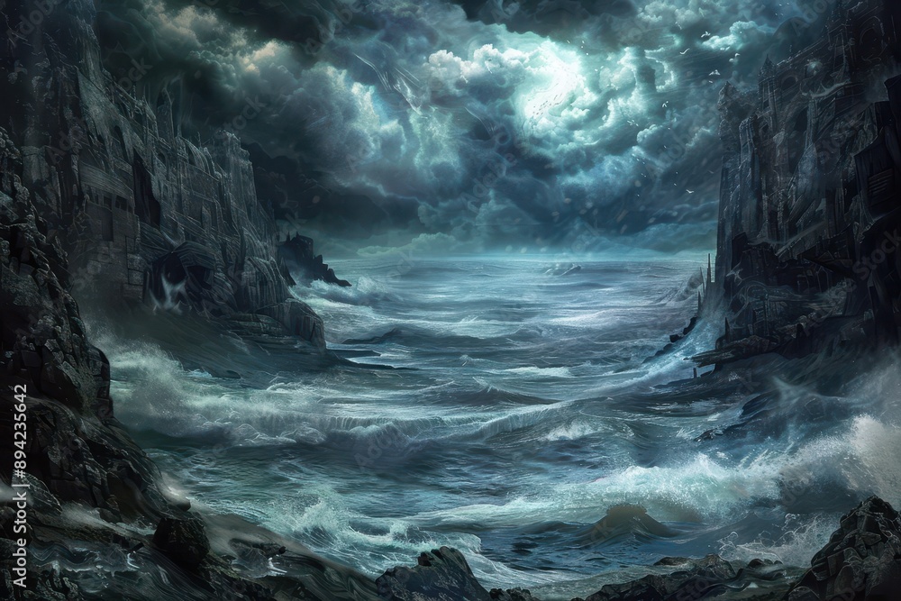 Dark Stormy Sea with Rocky Cliffs and Ancient Ruins Dark Stormy Sea with Rocky Cliffs and Ancient Ruins
