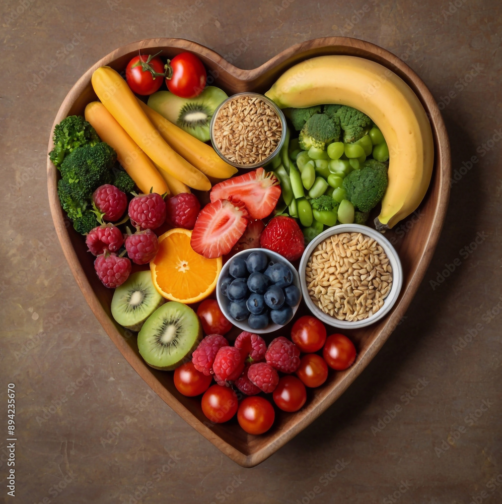 A vibrant photo showcasing a heartshaped bowl filled with nutritious diet foods, including fresh fruits, vegetables, and whole grains, promoting heart health and cardiovascular wellness A vibrant photo showcasing a heartshaped bowl filled with nutritious diet foods, including fresh fruits, vegetables, and whole grains, promoting heart health and cardiovascular wellness