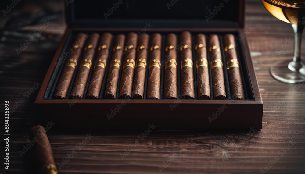 Closeup of a wooden box with premium cigars, a cigar cutter, and a glass of whiskey on a wooden table.