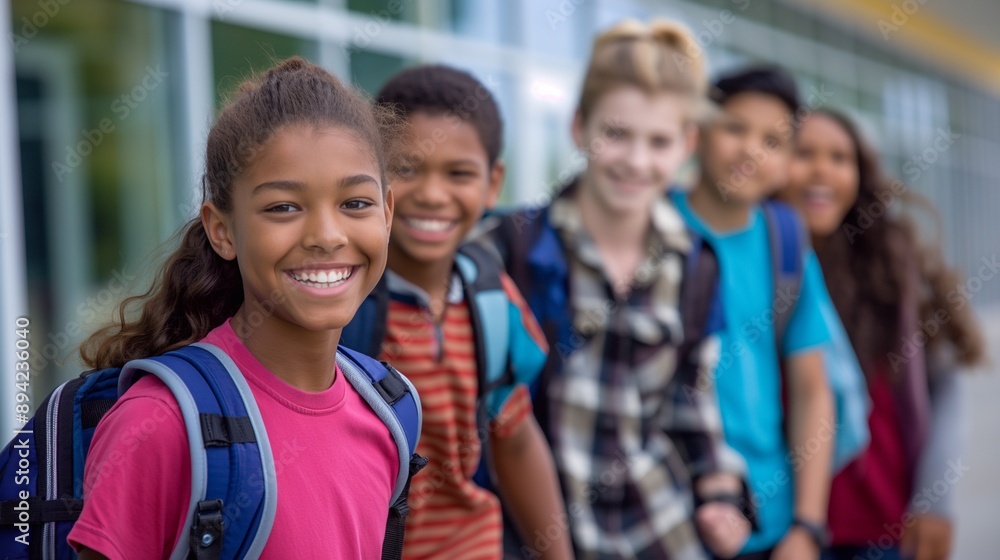 Teenage friends from different backgrounds walking out of school together, their backpacks and smiles reflecting the positive and inclusive atmosphere of a modern educational setting. Teenage friends from different backgrounds walking out of school together, their backpacks and smiles reflecting the positive and inclusive atmosphere of a modern educational setting.