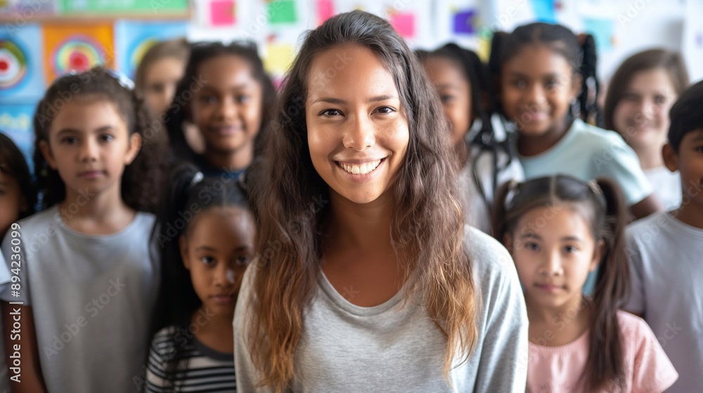 The classroom with an energy cheerful black teacher stands at the center of a diverse elementary group of students, to learn and grow in this supportive and nurturing educational school environment The classroom with an energy cheerful black teacher stands at the center of a diverse elementary group of students, to learn and grow in this supportive and nurturing educational school environment