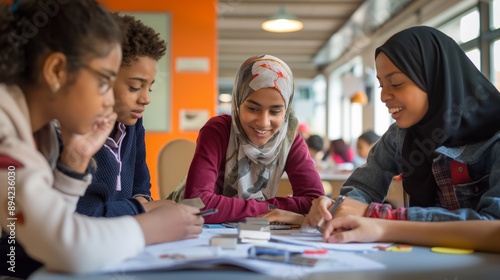 In a classroom, teenage Muslim students are seen collaborating on a school project, their interaction and focus illustrating the positive impact of inclusive and interactive learning environments