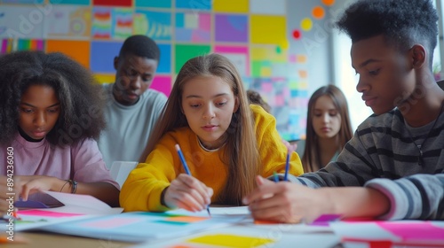 A group of multicultural teenage students enthusiastically collaborating on a school project, teamwork and friendship in a modern classroom setting, the positive atmosphere of contemporary education