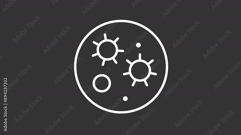 Animated petri dish white icon. Microorganisms line animation. Mold spores. Microbiology study and research. Isolated illustration on dark background. Transition alpha video. Motion graphic Animated petri dish white icon. Microorganisms line animation. Mold spores. Microbiology study and research. Isolated illustration on dark background. Transition alpha video. Motion graphic