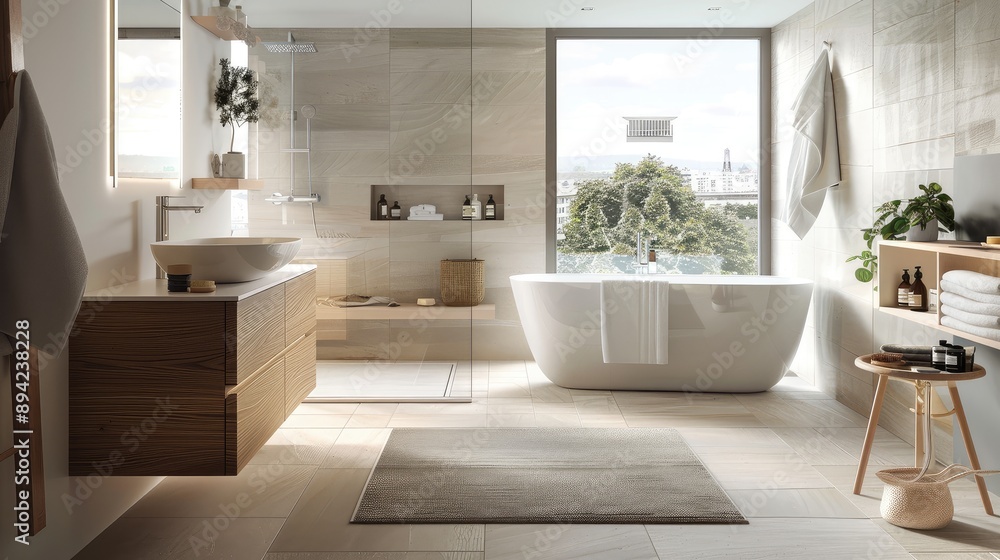 Fototapeta premium Elegant Modern Bathroom Interior with Panoramic View