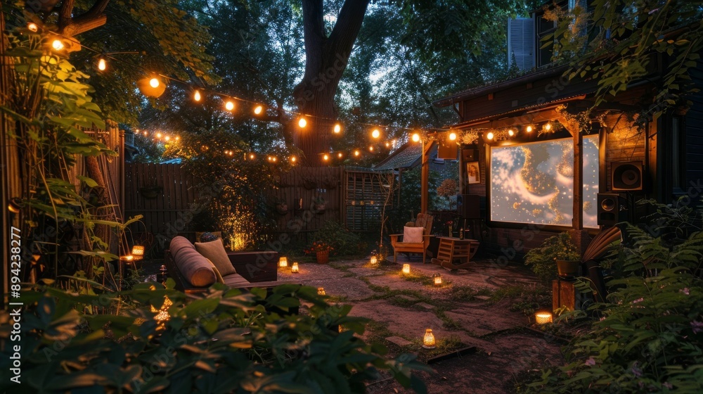 A backyard with a projector screen and a projector