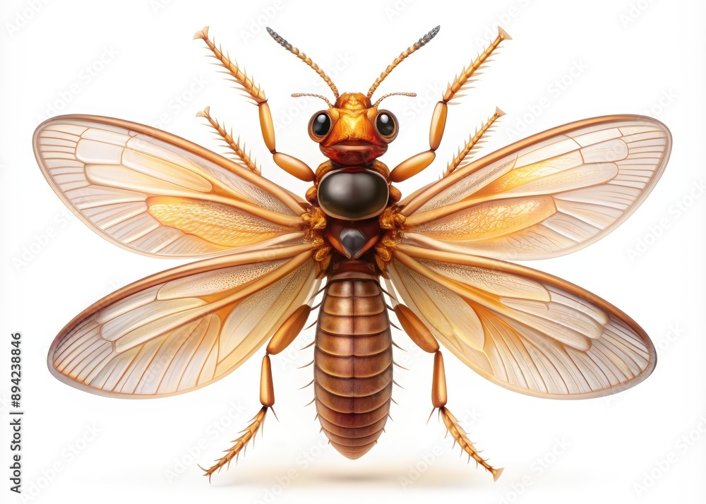 Fototapeta premium Vibrant digital art depiction of a termite with intricately detailed segmented body, delicate wings, and fine antennae, isolated against a pure white background.