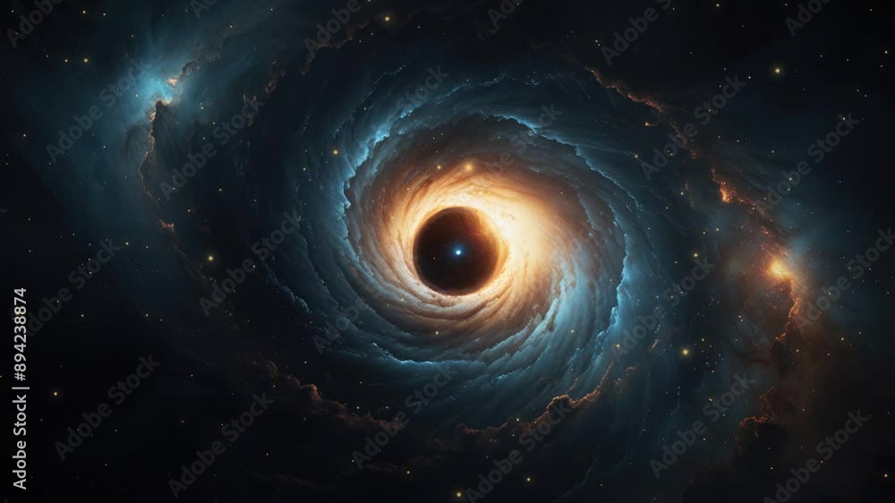 The video shows a swirling black hole in space, surrounded by bright nebulae and stars. The video shows a swirling black hole in space, surrounded by bright nebulae and stars.