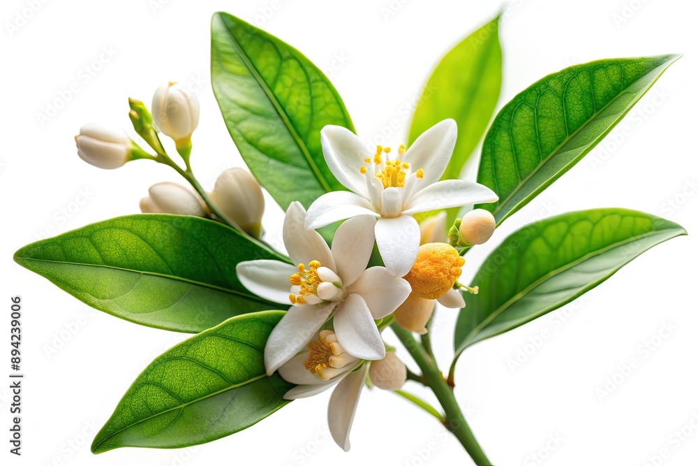 Fototapeta premium Delicate orange blossoms and leaves sprout from a small branchlet of an orange tree, isolated on a pure white background with a precise clipping path.
