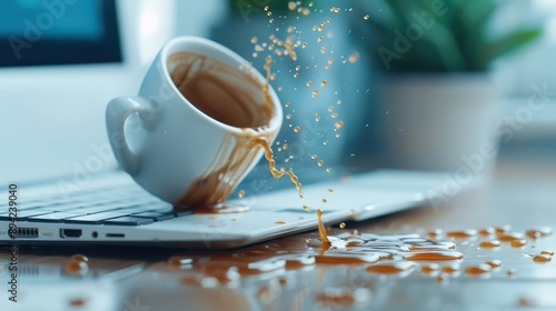 A close-up of a spilled cup of coffee on a keyboard.