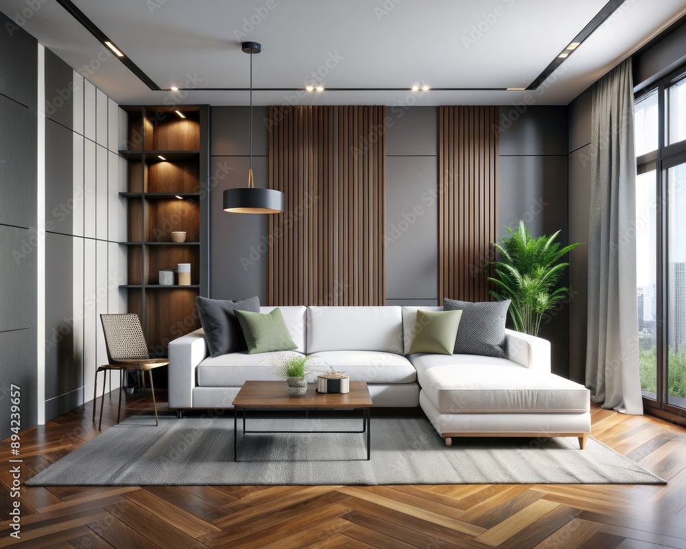 Modern minimalist interior showcases sleek white couch against striking black and white wall, grey accents, and rich wood flooring, evoking chic contrast and sophistication. Modern minimalist interior showcases sleek white couch against striking black and white wall, grey accents, and rich wood flooring, evoking chic contrast and sophistication.