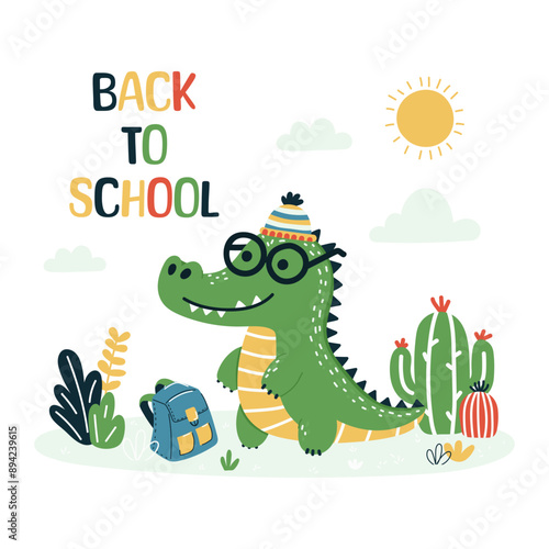 Back to school. A smiling crocodile in glasses and a cap is ready for school.