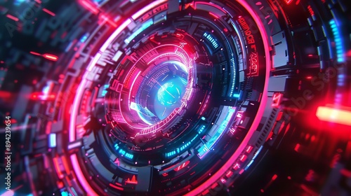 A futuristic abstract image featuring a circular structure illuminated by vibrant red and blue lights